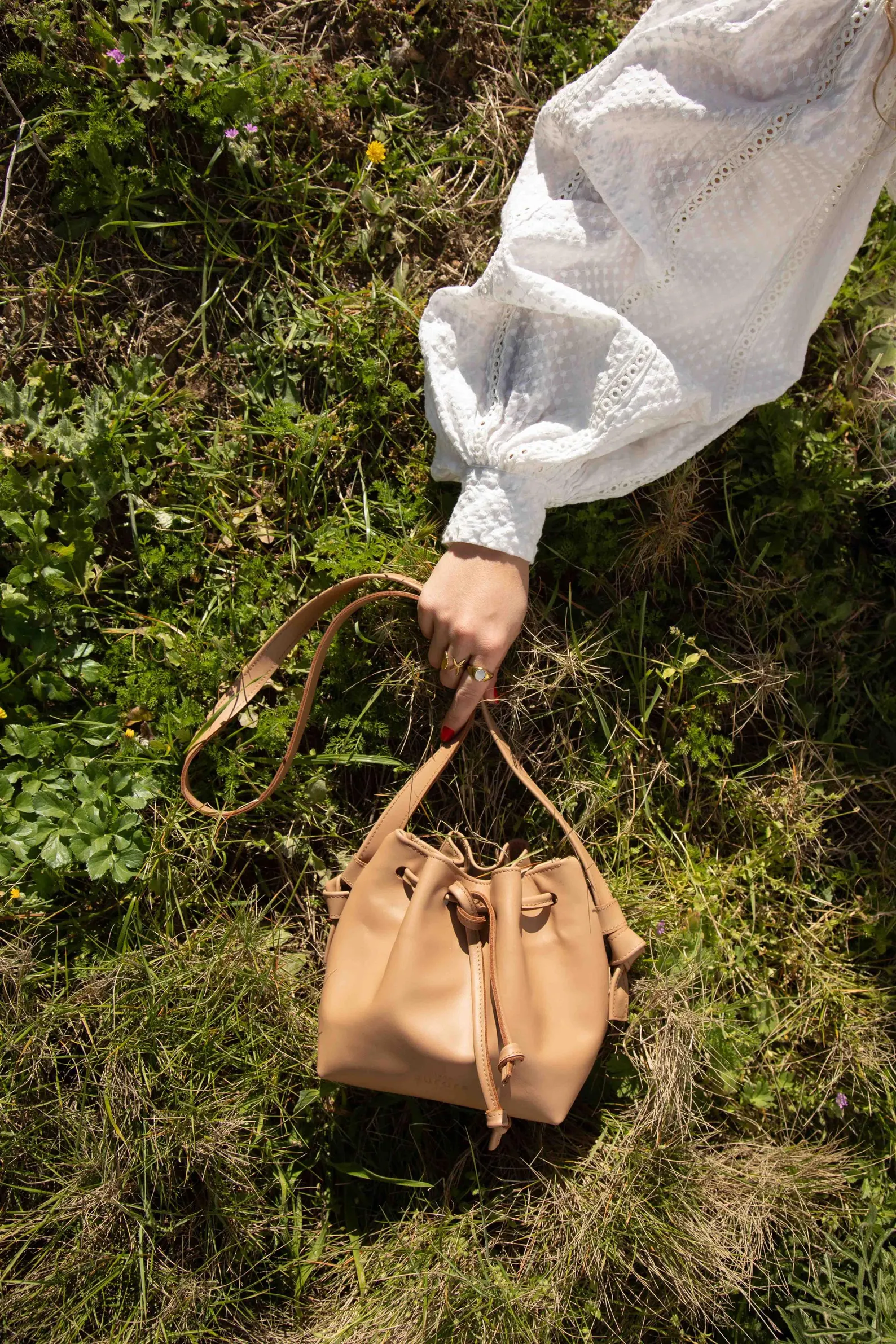 Bucket bag, mini leather bag, cappuccino color