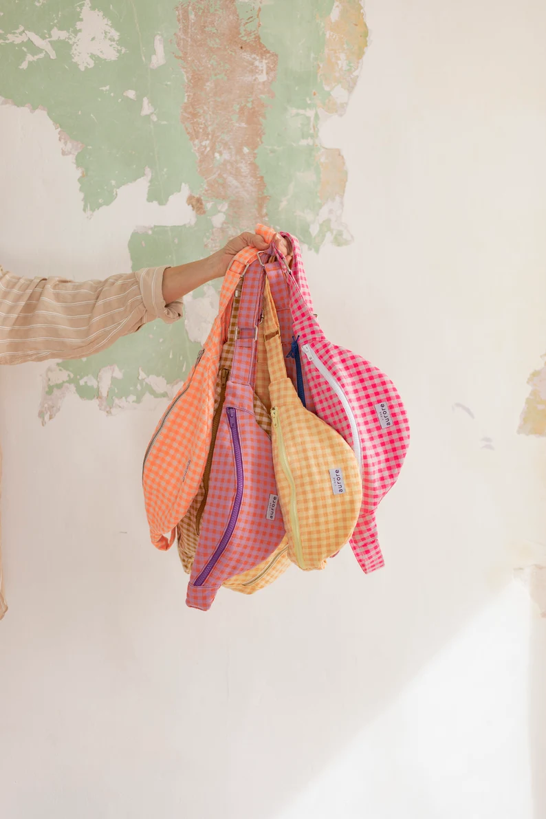 Fanny pack, chest bag - Neon pink gingham fabric - Image 2