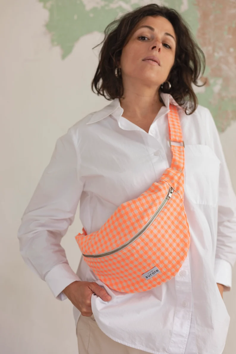 Fanny pack, chest bag - Neon pink gingham fabric - Image 4